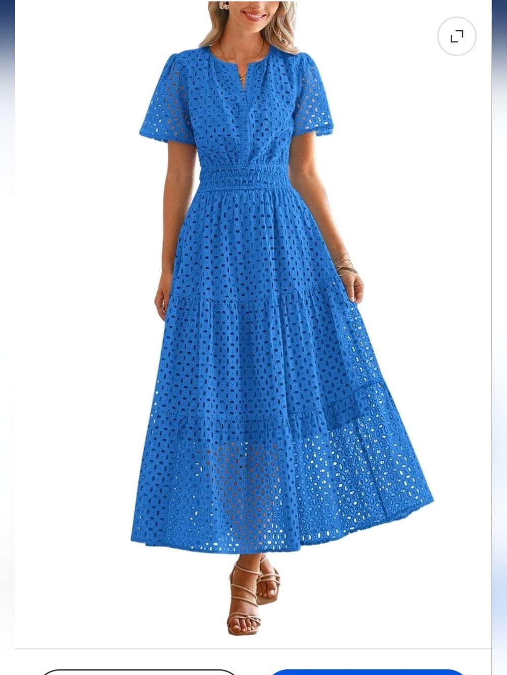 Sky Blue Eyelet Midi Dress with Smocked Waist